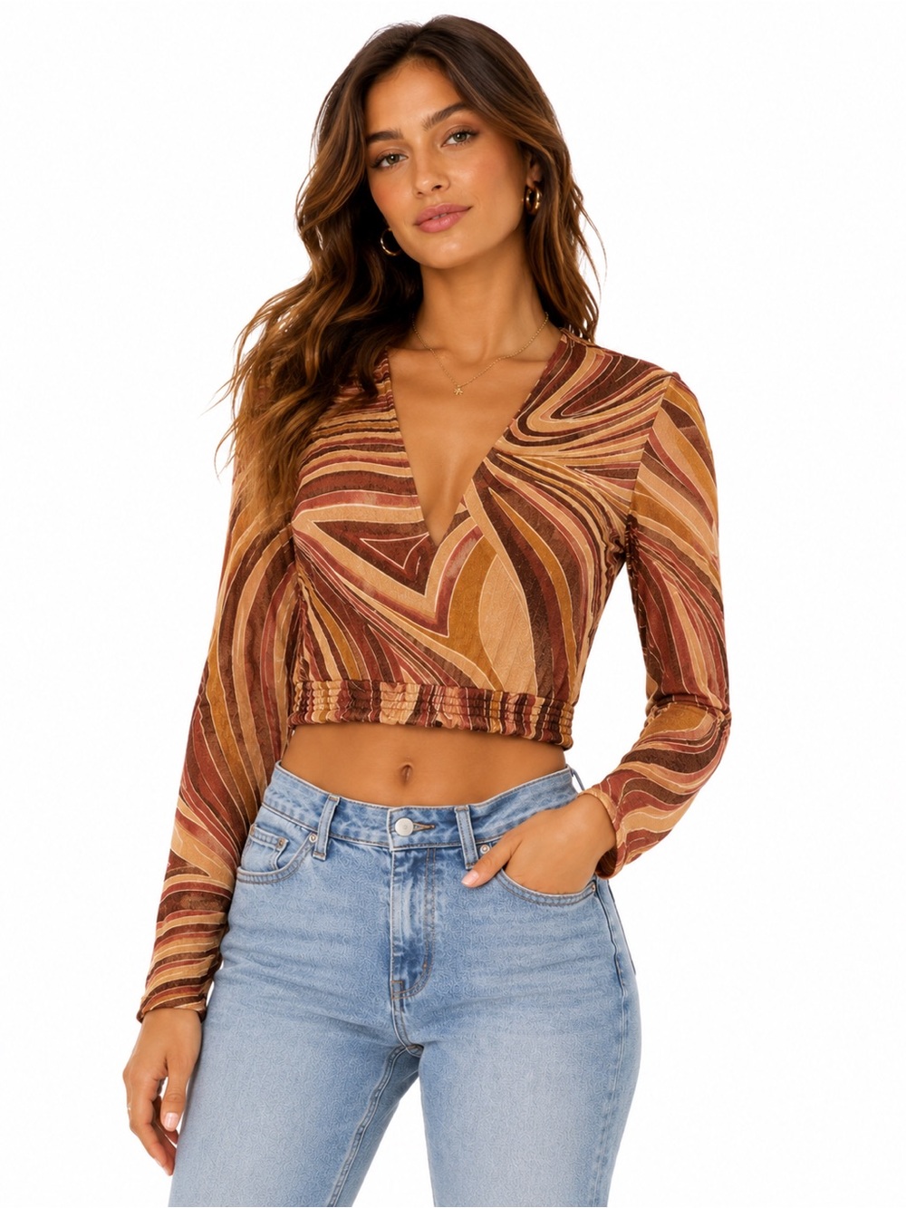 Vtg Studio Petite JPR Brown Retro Swirl Sparkle Pattern Stretchy Blouse Size S